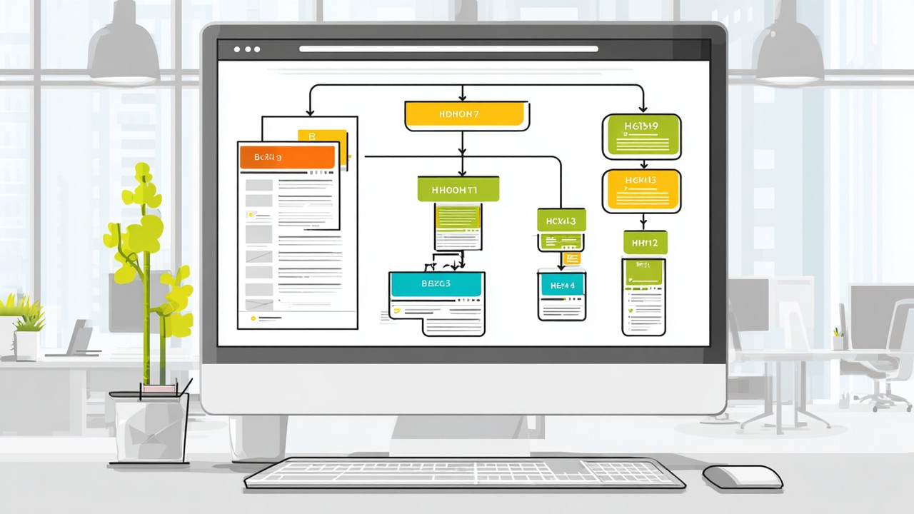 Bilgisayar ekranında, temiz infografik tarzında H1, H2 ve H3 başlık hiyerarşisi, SEO dostu içerik yapısı gösterimi.