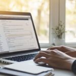 Dizüstü bilgisayarda web sitesi düzenleme arayüzü, klavye kullanan kişi, doğal ışık, modern ofis, dijital pazarlama ve SEO odaklı çalışma alanı.