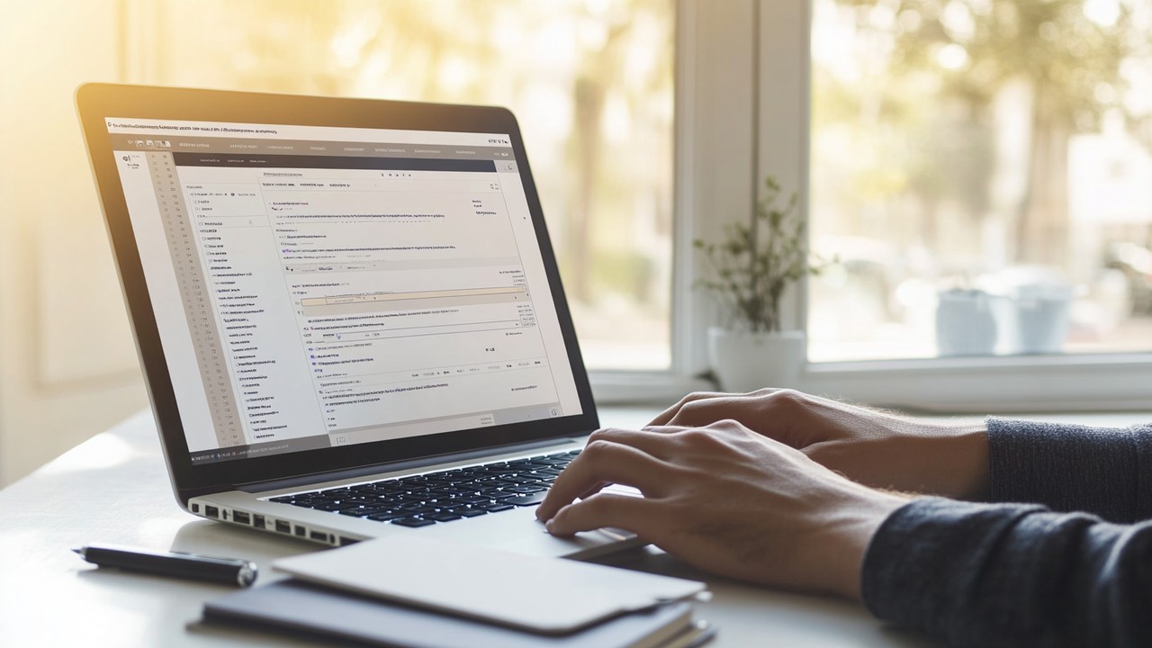 Dizüstü bilgisayarda web sitesi düzenleme arayüzü, klavye kullanan kişi, doğal ışık, modern ofis, dijital pazarlama ve SEO odaklı çalışma alanı.