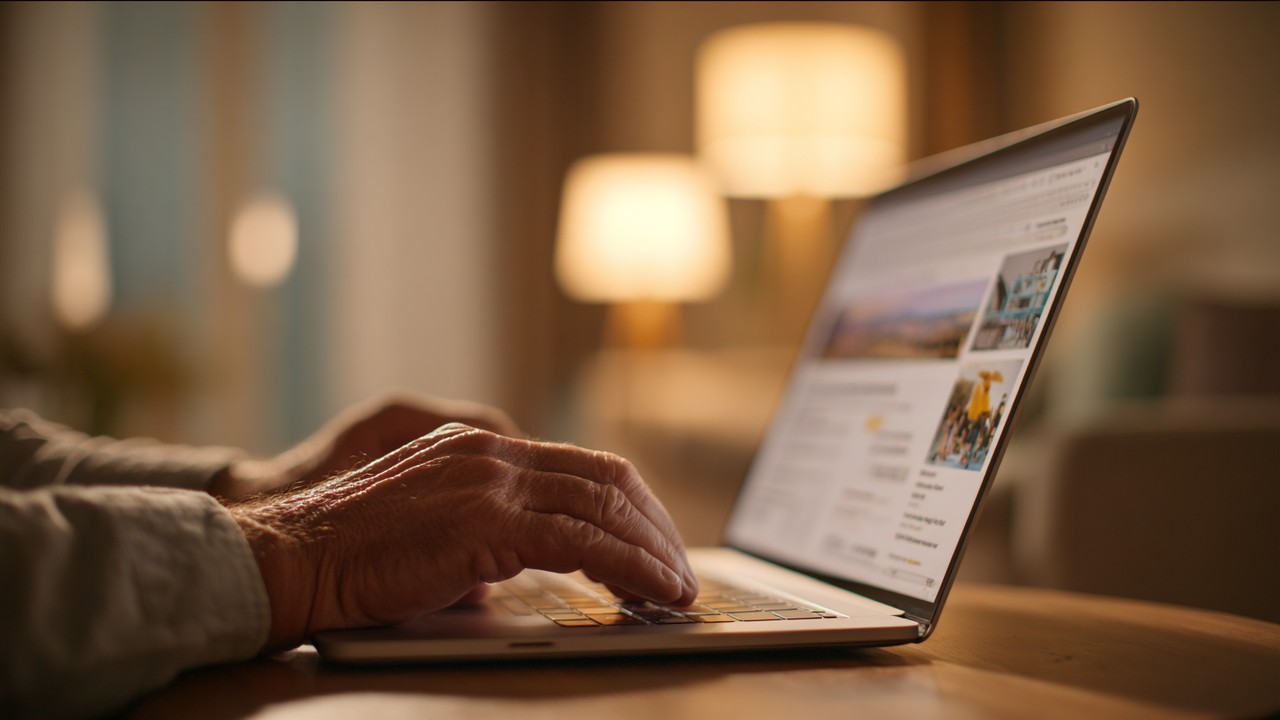 Görme engelli kişi, ev ortamında erişilebilirlik için ekran okuyucu cihazla web sitesine erişim sağlıyor.