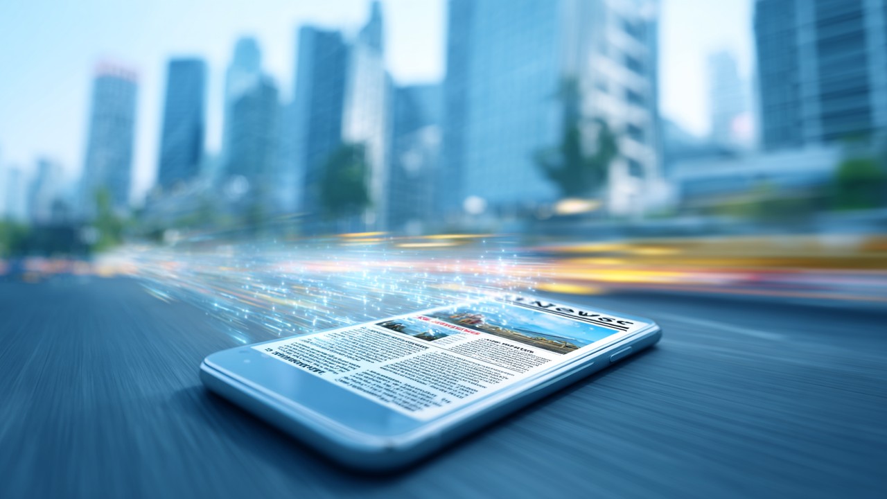 Hızlı sayfa yükleme hızını gösteren, şehir manzaralı arka planda anında haber makalesi açan gerçekçi mobil telefon ekranı.