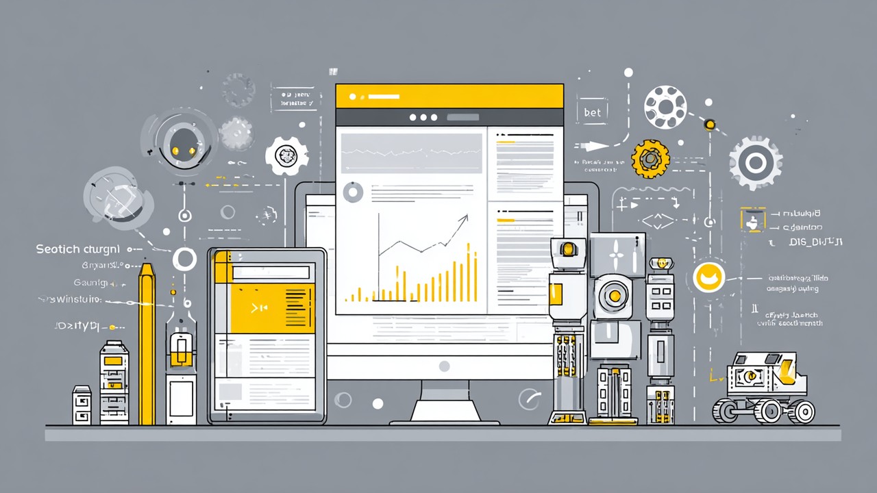 JavaScript ağırlıklı site üzerinde dinamik içerik yüklemesi, SEO indeksleme zorlukları ve arama motoru botlarının taraması konsept çizimi.