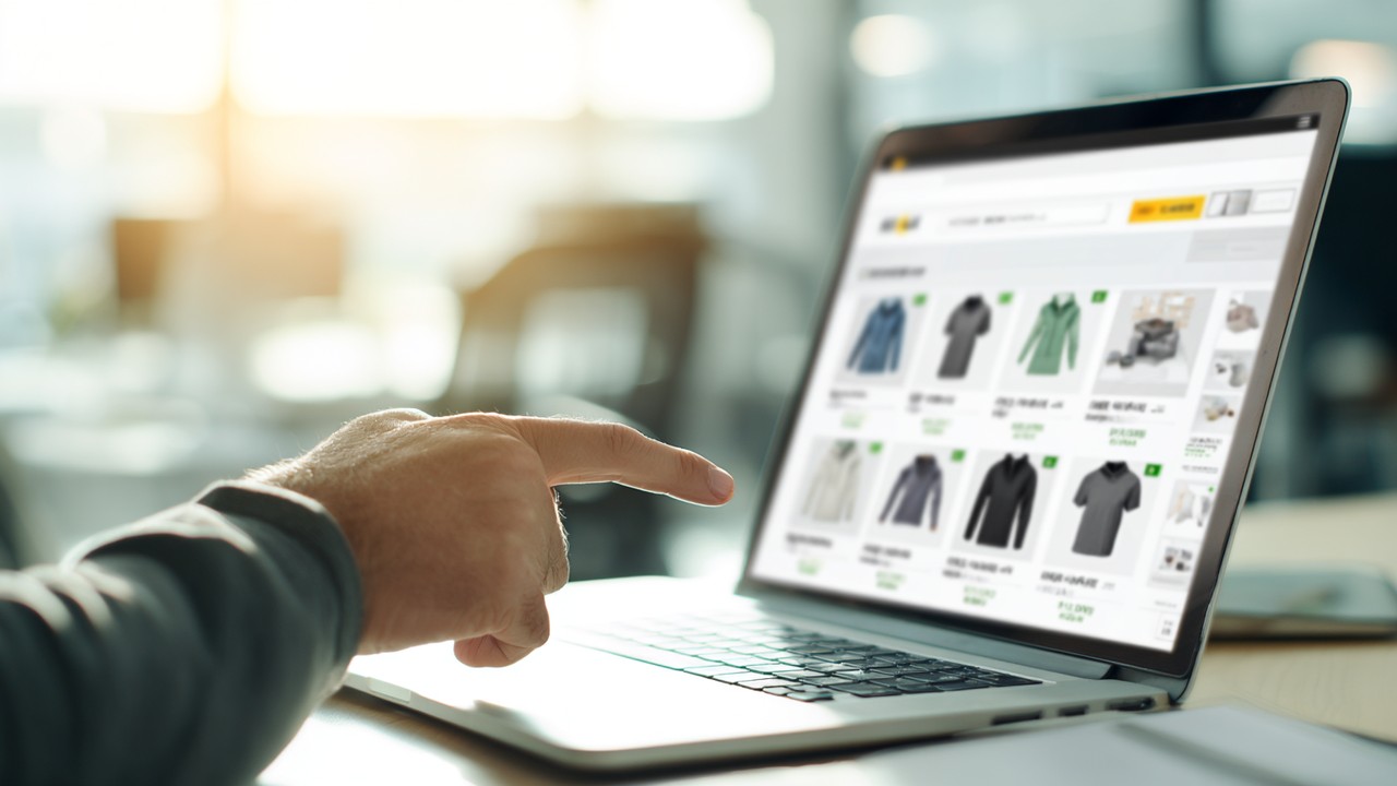 Laptop ekranında e-ticaret ürün sayfası, benzer ürün açıklamaları ve iş ortamında ekrana işaret eden kişi, net ofis ışığıyla.