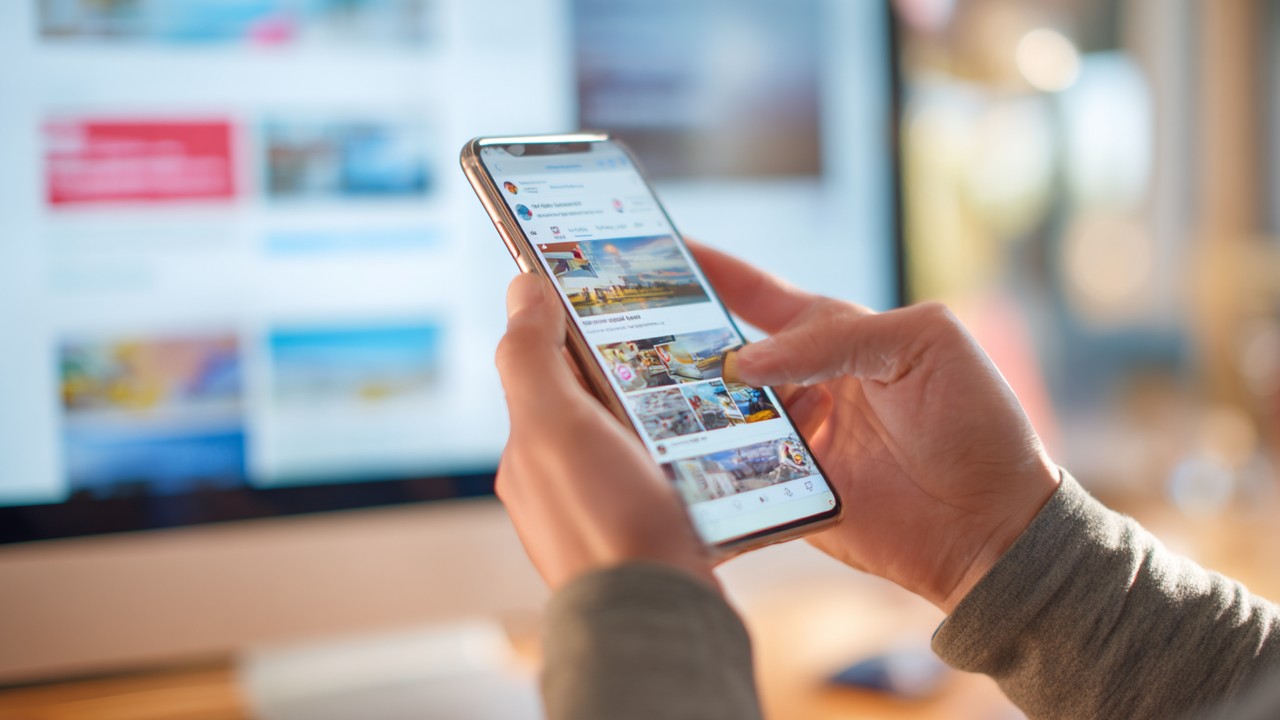 Modern akıllı telefon kullanan kişi, sosyal medya akışında sonsuz kaydırma yapıyor, arka planda haber sitesi ve online alışveriş ekranı bulanık.