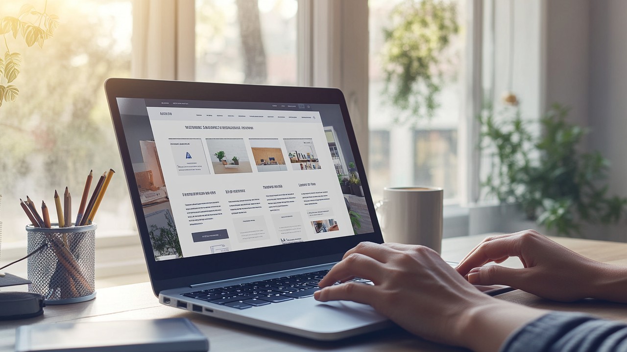 Modern çalışma alanı, dizüstü bilgisayarda web sayfası, klavyede yazan eller, kahve fincanı ve doğal ışıkla verimlilik ortamı.