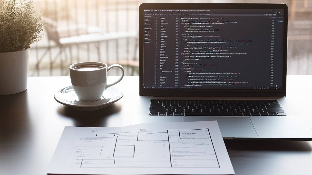 Modern çalışma alanı, kod ve web sitesi dosyaları açık laptop, 2025 robot.txt ve sitemap güncellemesi yapan profesyonel geliştirici.