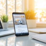 Modern çalışma alanı, temiz masada dizüstü, not defteri ve responsive web sitesi gösteren akıllı telefon, doğal ışık altında.