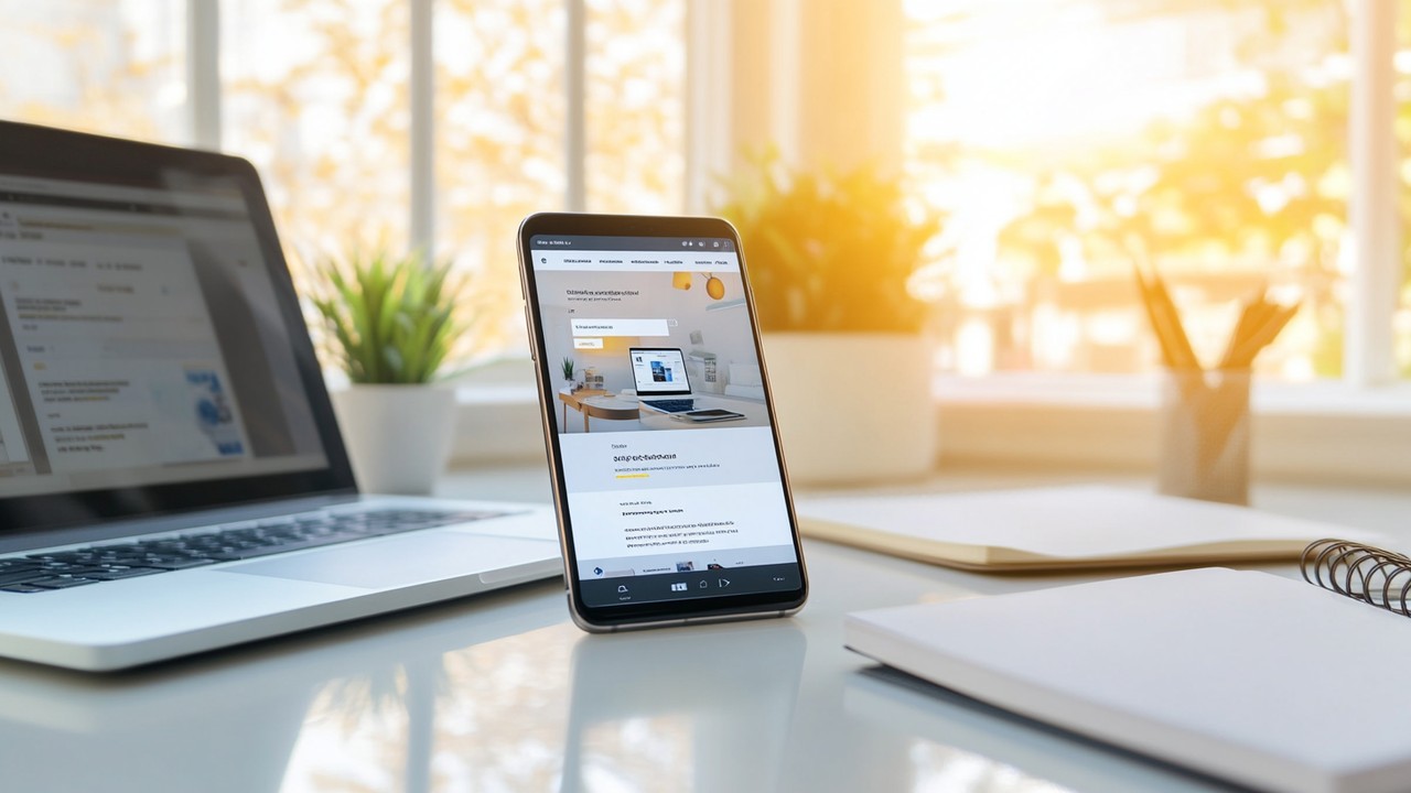 Modern çalışma alanı, temiz masada dizüstü, not defteri ve responsive web sitesi gösteren akıllı telefon, doğal ışık altında.