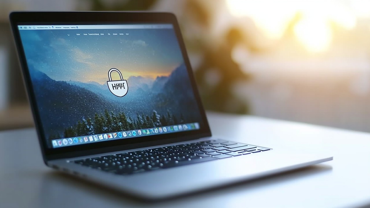 Modern dizüstü bilgisayar, temiz masada HTTPS güvenlik simgesiyle açık web sitesi, profesyonel ofis ortamı, dijital güven vurgusu.