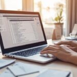 Modern ofis masasında dizüstü bilgisayarda web sayfası düzenleyici, SEO strateji belgeleri ve notlar ile dijital pazarlama ortamı.
