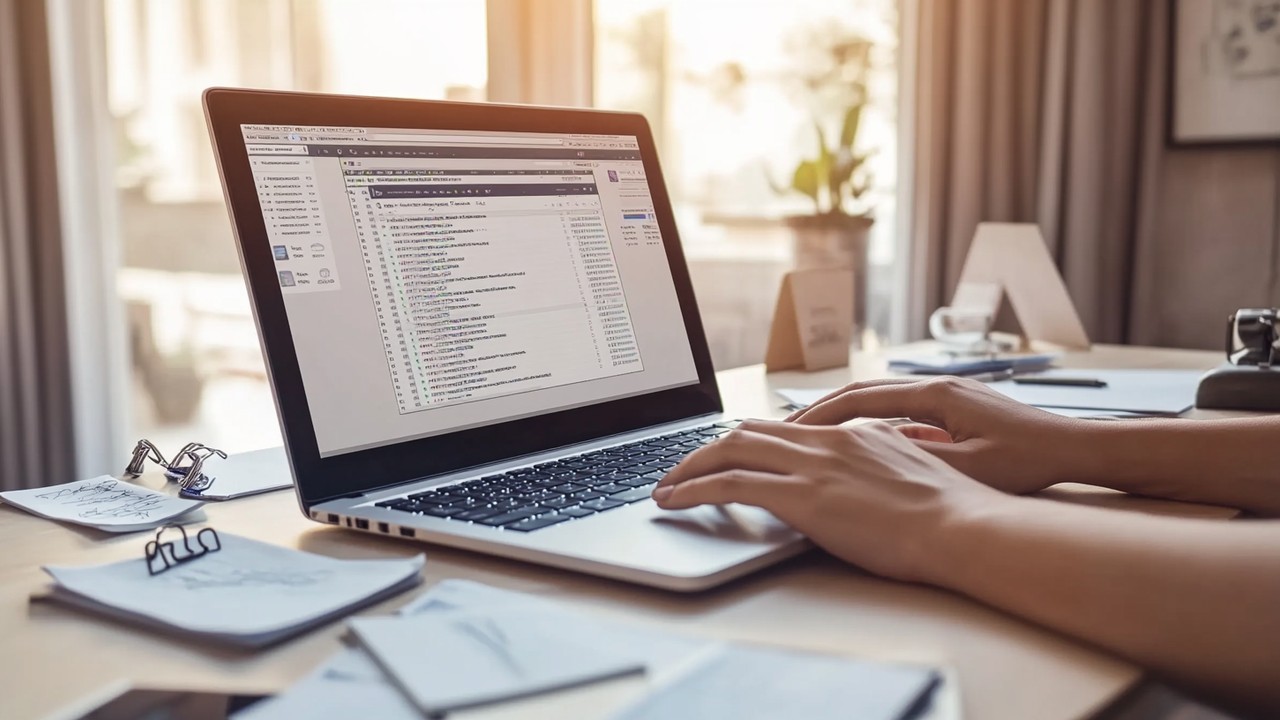 Modern ofis masasında dizüstü bilgisayarda web sayfası düzenleyici, SEO strateji belgeleri ve notlar ile dijital pazarlama ortamı.