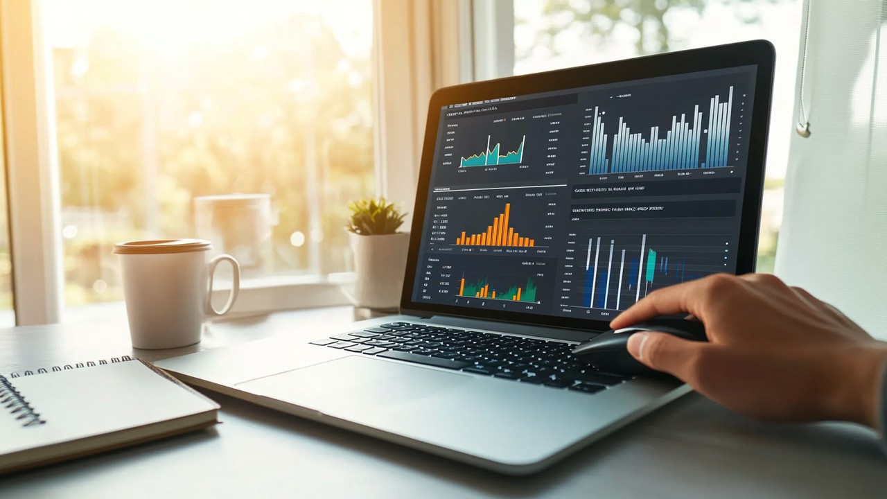 Modern ofis masasında web sitesi analiz grafikleri gösteren dizüstü, fare kullanan el, SEO ve hız optimizasyonu odaklı çalışma ortamı.