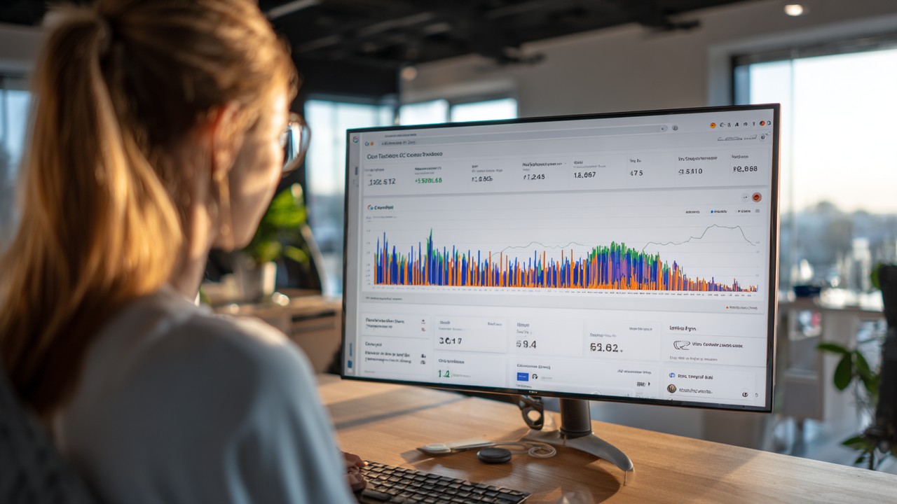 Modern ofiste doğal ışıkta, büyük ekranda Google Search Console SEO raporlarını inceleyen dijital pazarlamacı.