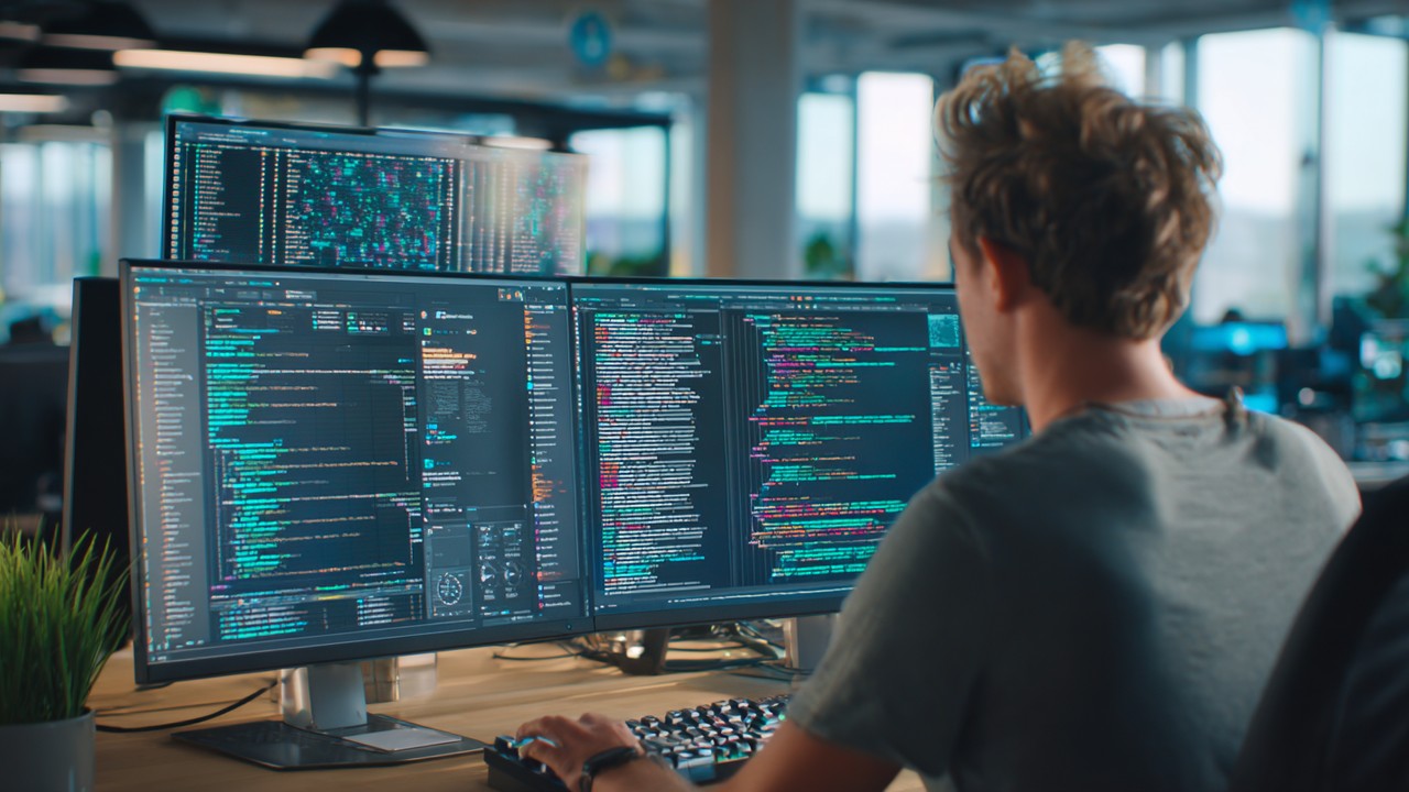 Modern ofiste, doğal ışıkta, çoklu ekranda dinamik JavaScript kodları ve web sitesi önizlemeleri üzerinde çalışan profesyonel web geliştirici.