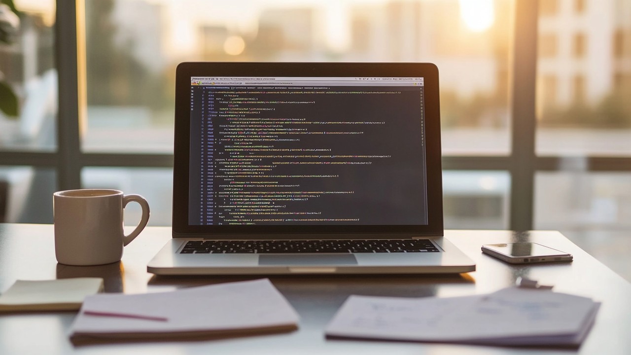 Modern ofiste JavaScript kodu üzerinde çalışan profesyonelin düzenli masasında dizüstü bilgisayar, notlar ve kahve fincanı.