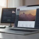 Modern ofiste temiz masada sonsuz kaydırmalı web sitesi ve SEO verilerini analiz eden kişi, dijital pazarlama ekranlarıyla.