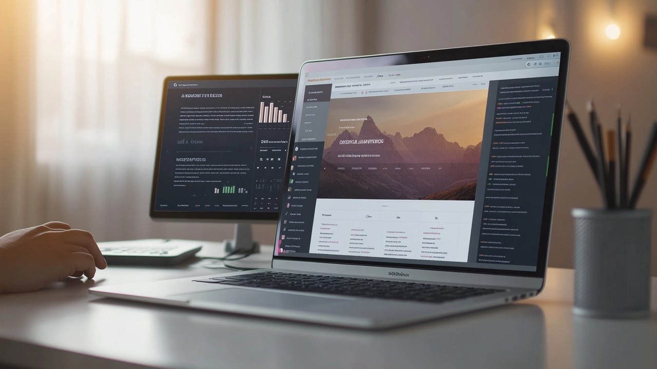 Modern ofiste temiz masada sonsuz kaydırmalı web sitesi ve SEO verilerini analiz eden kişi, dijital pazarlama ekranlarıyla.