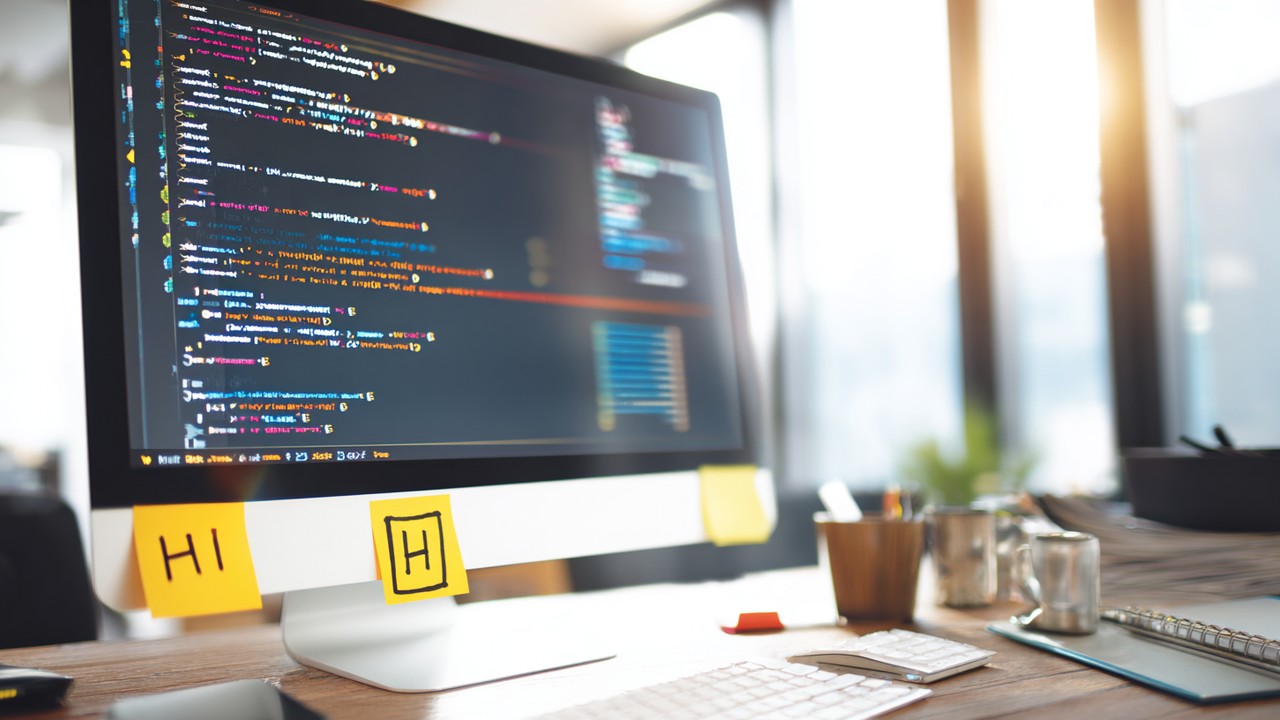 Modern web geliştirici çalışma alanı, HTML kodu ve vurgulu H1 etiketi, notlar ve SEO strateji malzemeleriyle düzenli ofis ortamı.