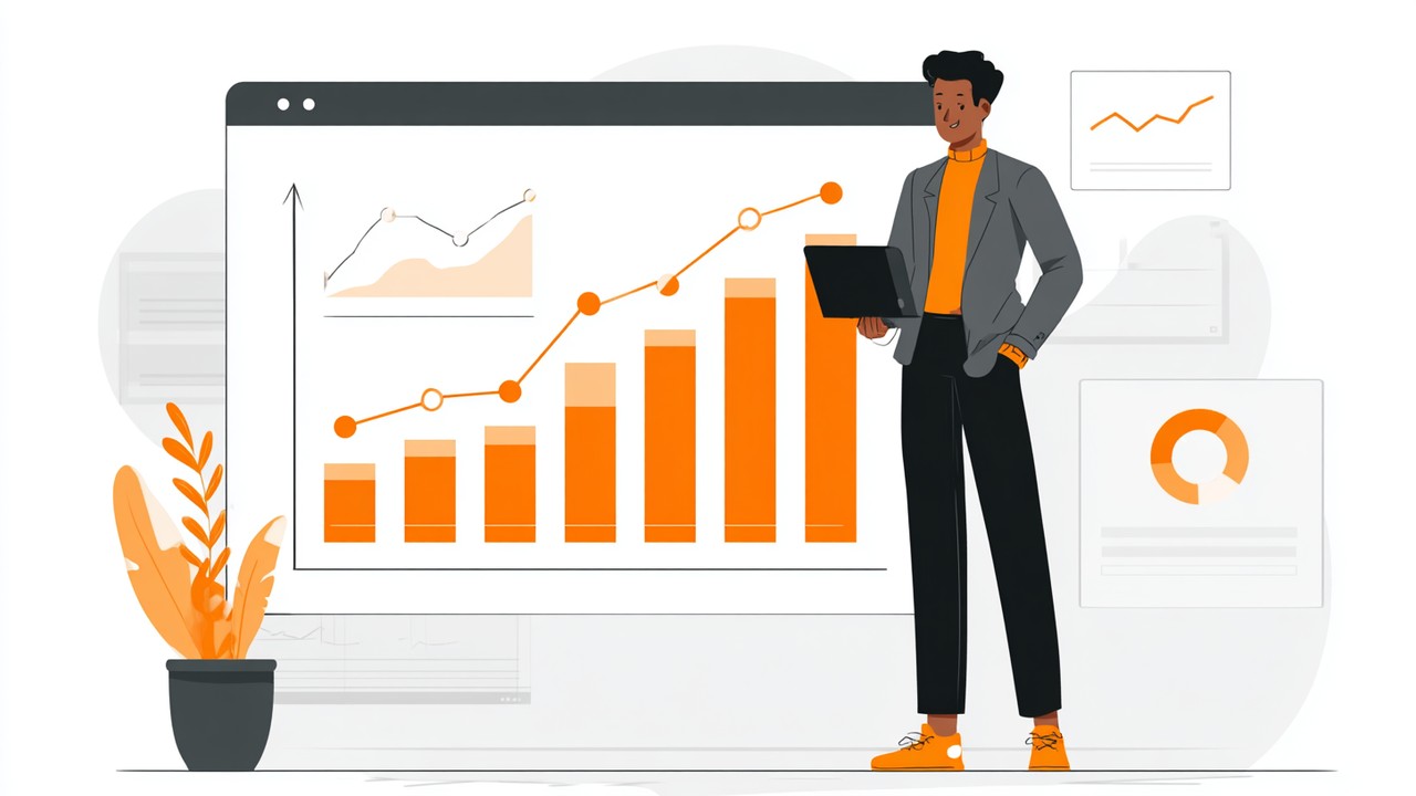 Özgüvenli iş profesyoneli, büyük ekranda web sitesi analizlerini inceleyerek SEO büyüme ve olumlu kullanıcı davranışlarını değerlendiriyor.