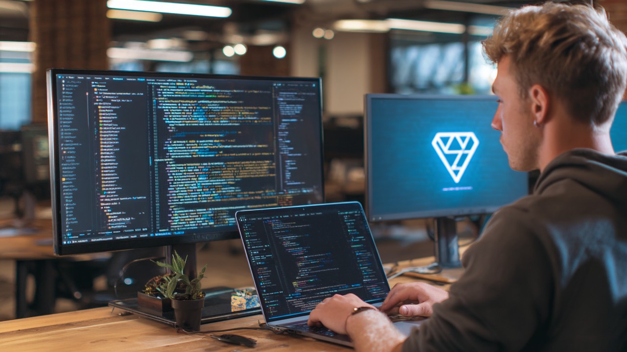 Sunucu tarafı render ve statik site üretimi yapan yazılım mühendisi, laptop ve çoklu monitörlerde React, Vue, Angular logoları.