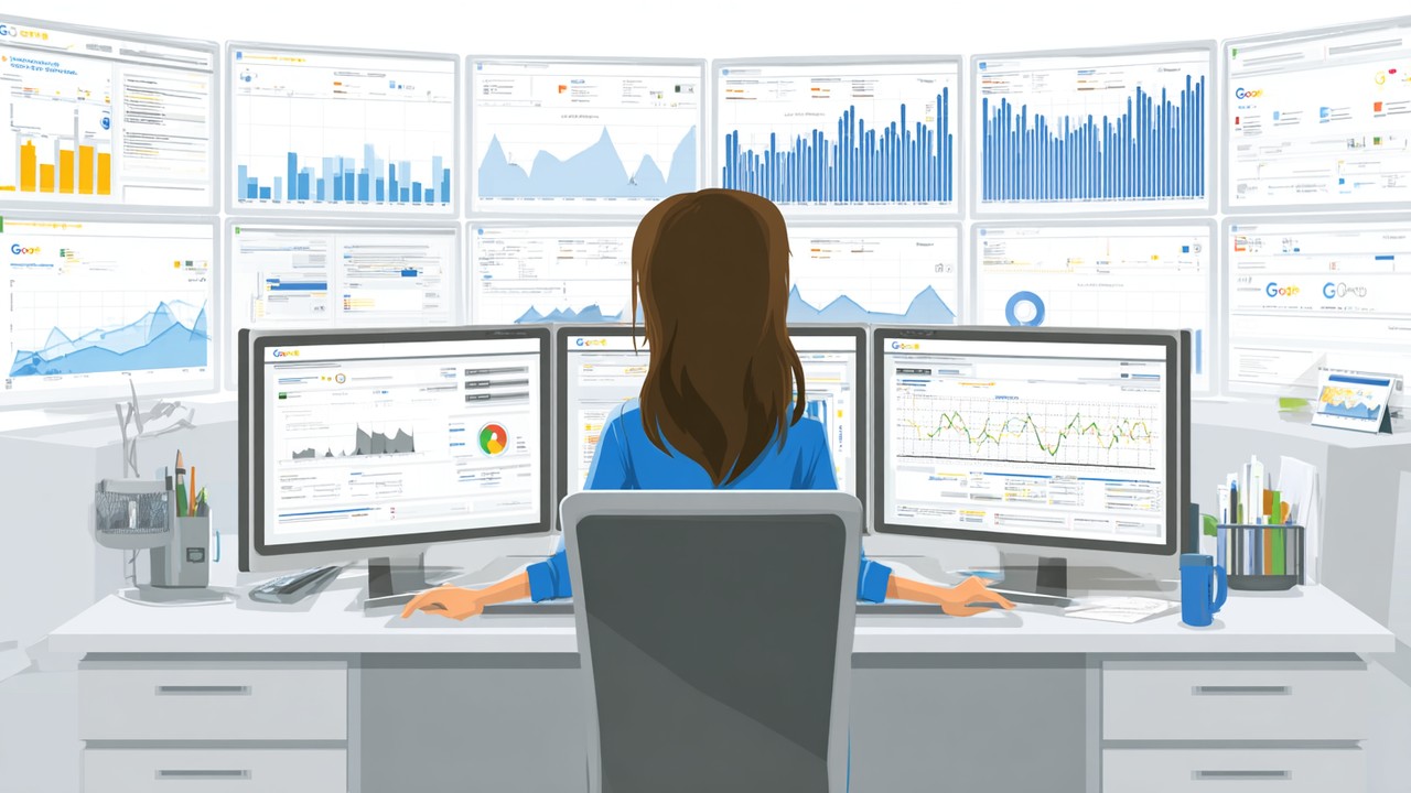 Web geliştirici, SEO optimizasyonu için Google Search Console ve performans verilerini çoklu monitörde analiz ediyor.