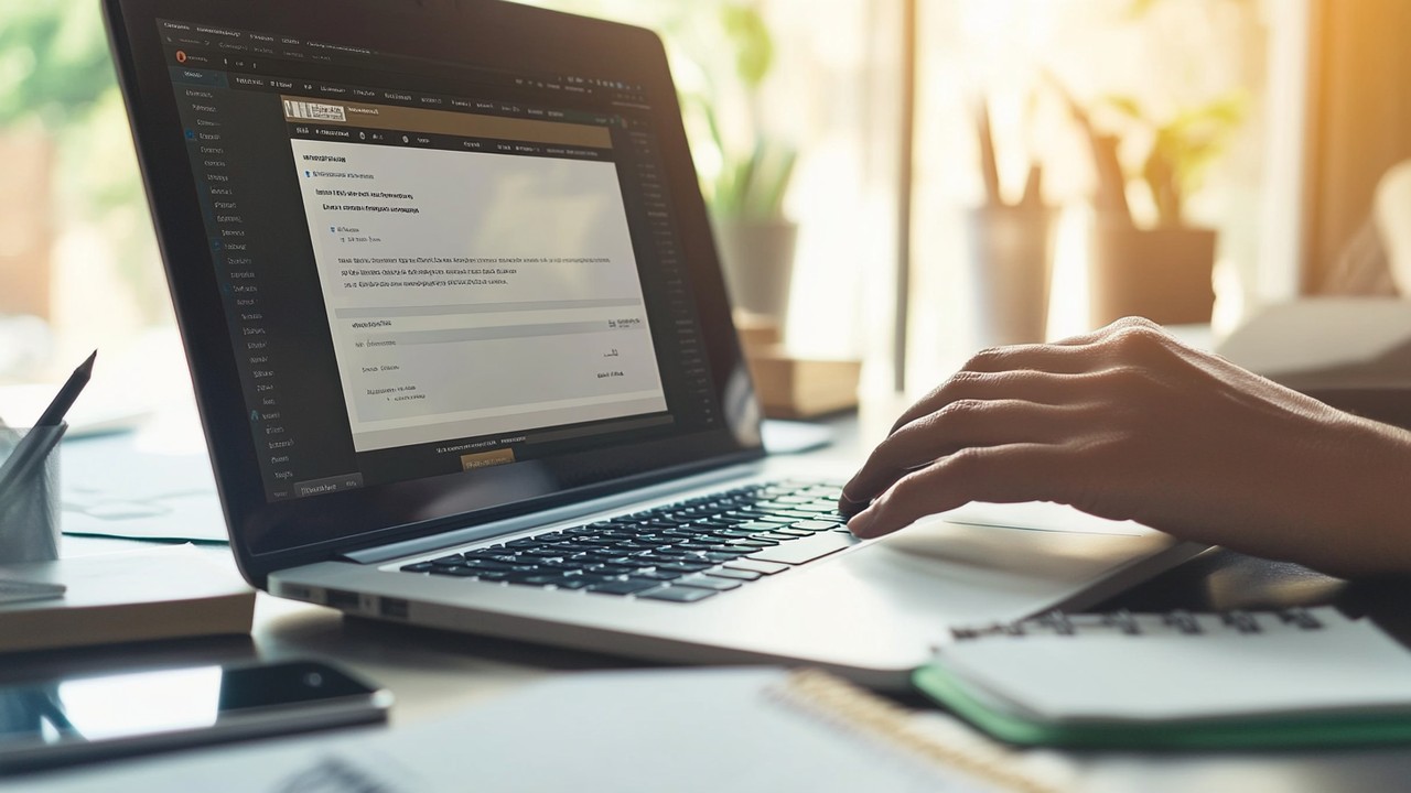 Yakın çekim modern çalışma alanı, dizüstü bilgisayarda URL çubuğu, SEO optimizasyonu için notlar ve akıllı telefon ile profesyonel ortam.