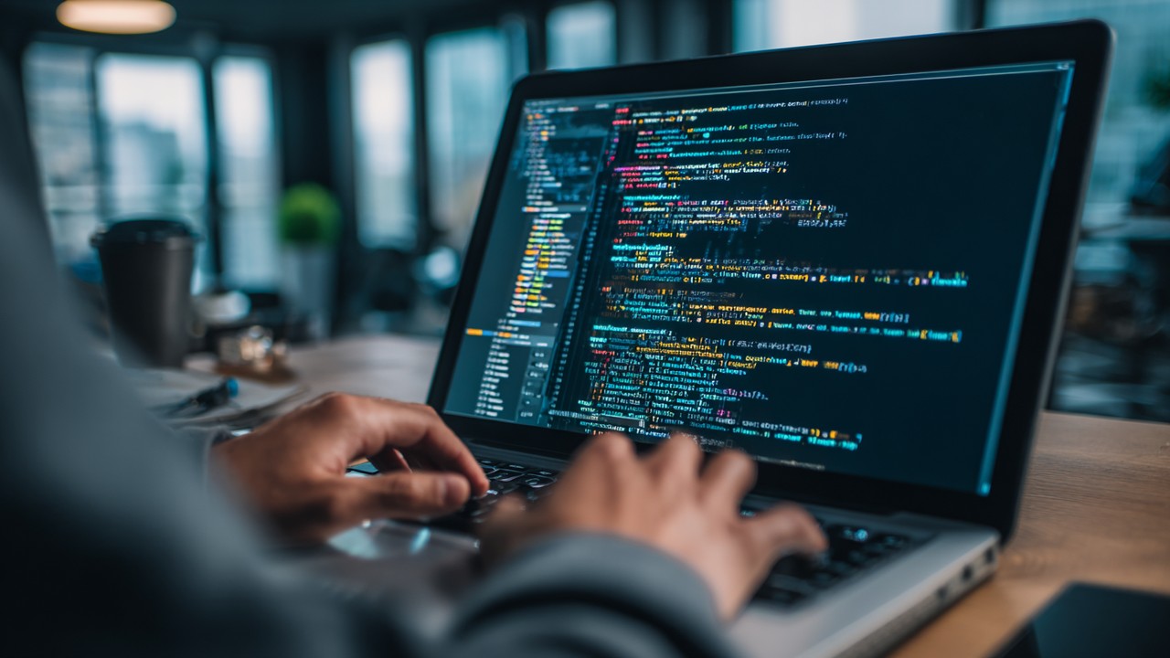 Yakın çekim, modern ofiste dizüstü bilgisayarda SEO için canonical etiketler üzerinde çalışan web geliştirici ve teknik SEO notları.